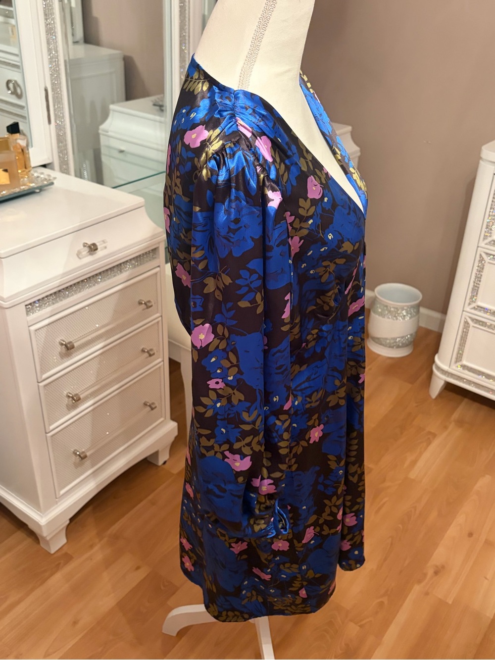 Vero Moda Long Sleeve Blue Floral Satin Dress Size M - Picture 3 of 11
